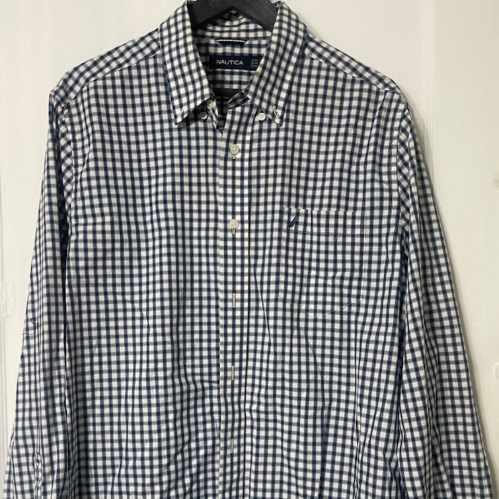 NAUTICA Navy Blue White Plaid Long-Sleeve Button-Down Shirt Mens Large